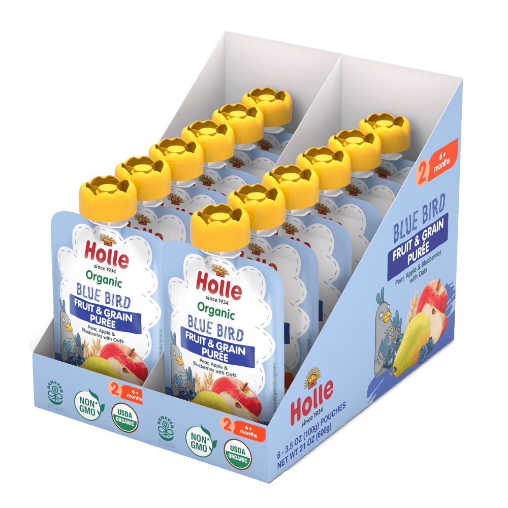 Holle Baby Food Pouches - Organic Fruit & Grain Puree - Blue Bird - Roar Baby Monitors