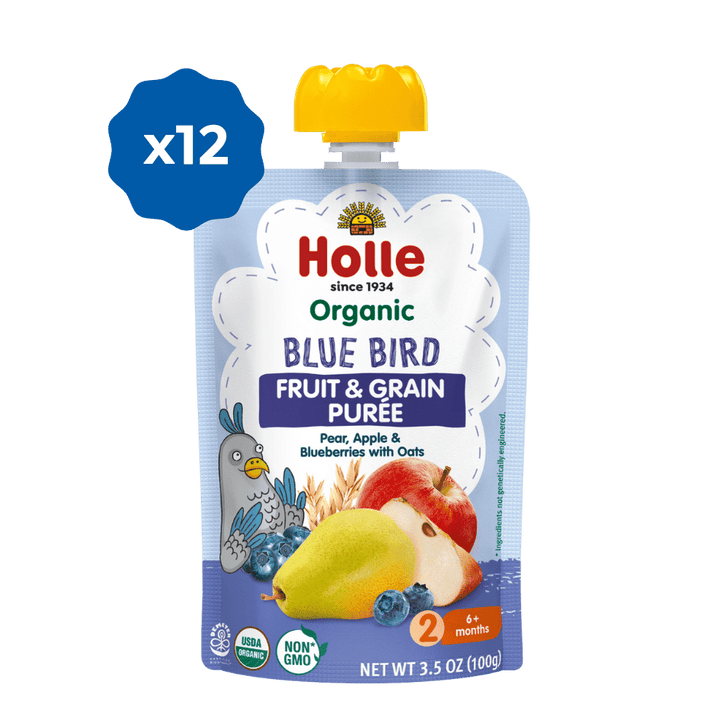 Holle Baby Food Pouches - Organic Fruit & Grain Puree - Blue Bird - Roar Baby Monitors